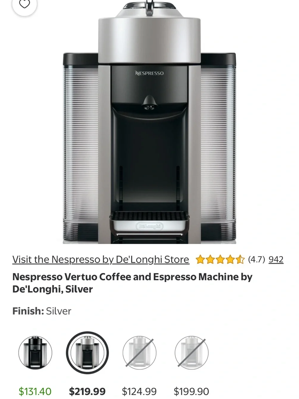 Nespresso Espresso Machine in Silver and Black with Clear Water Tanks